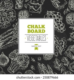 Healthy Vegetables Chalkboard Background. Linear graphic. Vector illustration