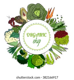 Healthy vegetables circle frame. Hand-drawn vector.