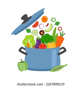 Healthy vegetables cooking in kitchen pot in flat design on white background.