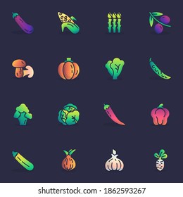 Healthy vegetables, filled outline icons set, line vector symbol collection, linear colorful pictogram pack. Signs logo illustration, Set includes icons as asparagus, pumpkin, broccoli, garlic, pepper