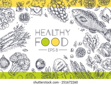 Healthy Vegetables Frame. Linear graphic. Vector illustration