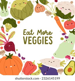 Healthy vegetables frame, organic vegetarian card design. Cute funny veggies characters background with natural farm pumpkin, cabbage, cauliflower. Colored childish kids flat vector illustration