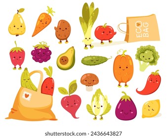 Healthy vegetables and fruits cute characters, kawaii natural organic vegetarian products positive emoji vector illustration. Happy vitamin food smiling expression set isolated on white background