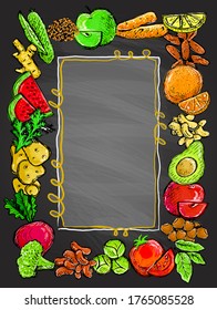Healthy vegetables and fruits frame on a chalkboard, vector illustration
