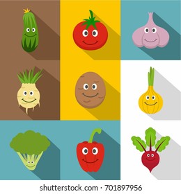 Healthy vegetables icons set. Flat set of 9 healthy vegetables vector icons for web with long shadow