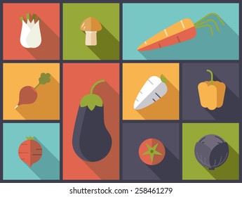 Healthy vegetables icons vector illustration. Flat design illustration with a variety of healthy vegetables icons