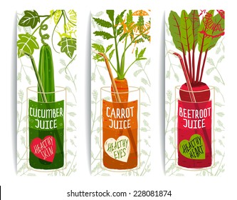 Healthy Vegetables Juices Design Collection on White with Signs and Stamps. Brightly colored vegetables for healthy diet. Layered vector EPS8