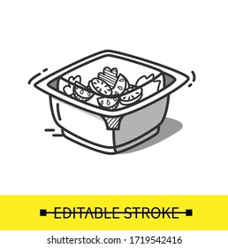 Healthy vegetables salad in food container line icon.Disposable plastic box with vegetarian dish .Take away.Fast Food Packaging.Isolated vector illustration on white.Editable stroke
