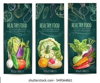 Healthy vegetables and vegetarian food banners on green blackboard. Vegetable tomato and carrot, onion and pepper, beet and radish, eggplant, cabbage, cucumber, zucchini, kohlrabi sketches