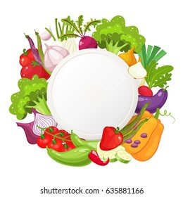 Healthy vegetables and vegetarian food round banner. Fresh organic food, healthy eating background with place for text. Natural farm product . Cartoon style vector illustration