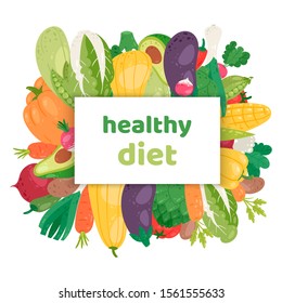 Healthy vegetarian diet vector illustration. Fresh organic dietary vegetables for health and banner with text used for vegans magazine, book, poster, card, menu cover, web pages.