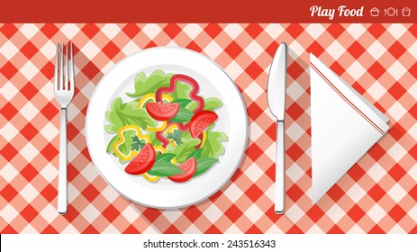 Healthy vegetarian food banner with salad dish, tablecloth and icons set