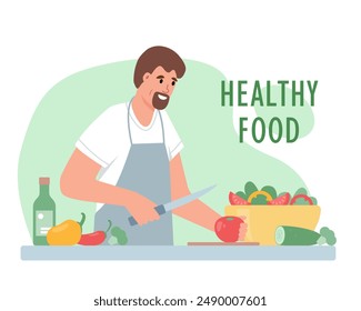 Healthy vegetarian food concept banner. Happy man cooking salad. Male Character and Vegetarian Meal. Vector illustration isolated on white background.