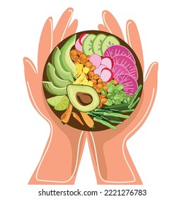 Healthy vegetarian food concept.Organic vegetables bowl in human hands Top view,vector illustration.Healthy lifestyle.Superfood, clean eating, vegan, dieting food concept.bowl with fresh salad