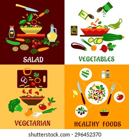 Healthy vegetarian food design with cooking process, fresh and preserved vegetables, served dinner with cutlery and ingredient icons with captions Salad, Vegetables, Vegetarian and Healthy Food