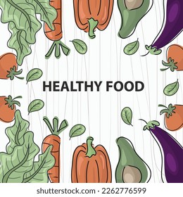 Healthy vegetarian food. Frame. Watercolor background with fruits and Vegetables. Isolated elements for easy use.