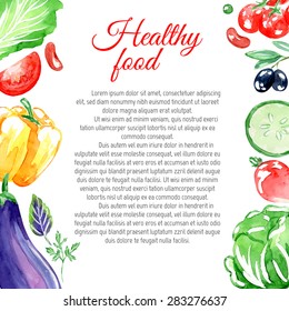 Healthy vegetarian food. Frame.  Watercolor background.  Isolated elements for easy use.