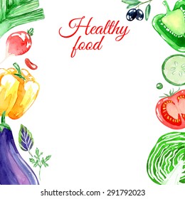 Healthy vegetarian food. Frame.  Watercolor background. Vegetables and herbs.  Isolated elements for easy use.