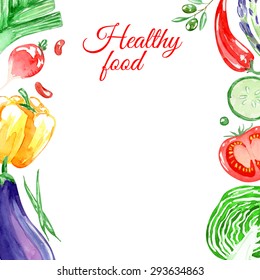 Healthy vegetarian food. Frame.  Watercolor background. Vegetables.  Isolated elements for easy use.