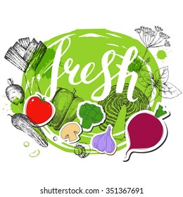 Healthy vegetarian food. Hand drawn Lettering. Inscription. Vegetables. Vector background. Tomato, pepper, mushrooms, radish, cabbage, broccoli, herbs, beet, cucumber, garlic. Stickers. Calligraphy.