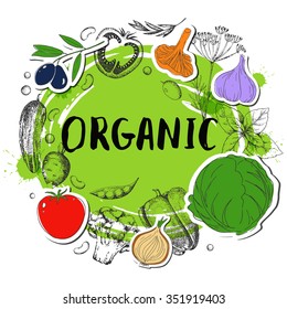 Healthy vegetarian food. Hand drawn Lettering. Inscription. Vegetables. Vector background.  Ink calligraphy.