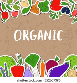 Healthy vegetarian food. Lettering. Inscription. Frame from vegetables. Hand drawn vector background. Stickers.