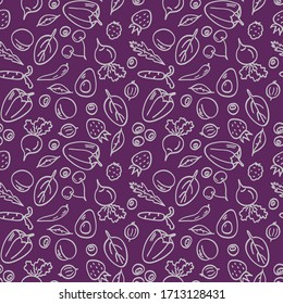 Healthy vegetarian food, seamless pattern on purple background. Drawings of vegetables, fruits, berries in doodle style. Design element for shops, fabric, textile, cafe, restaurant, packaging, sites