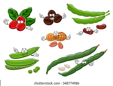 Healthy vegetarian fresh and roasted coffee beans, peanuts, green sweet pea pods and beans with green, white and brown grains cartoon characters. For agriculture design