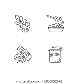 Healthy vegetarian meals pixel perfect linear icons set. Organic berries types. Tasty dark chocolate. Customizable thin line contour symbols. Isolated vector outline illustrations. Editable stroke