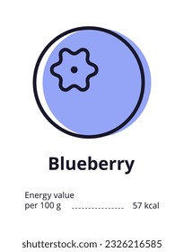 Healthy vegetarian product icon. A tasty blueberry icon. Energy value of blueberry. Vector illustration on white background