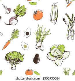 Healthy veggies seamless pattern. Eco farm market of fresh vegetables. Vegetarian meal design. Farmer supermarket decorations for sale promotion.