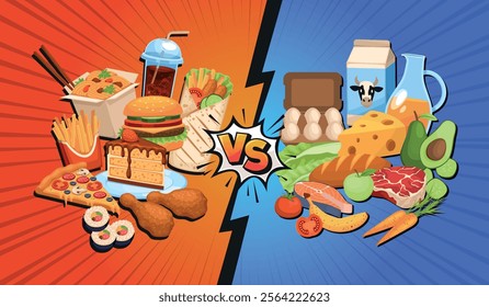 Healthy versus junk food. Fitness organic nutrition opposes unhealthy lifestyle, fast meal, balanced diet products, choice and dilemma, compare cartoon flat isolated tidy vector concept