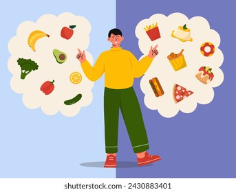Healthy versus unhealthy eating concept. Man compare fast food and vegetables with fruits. Proper diet and nutrition. Slice of pizza and donut vs banana and avocado. Cartoon flat vector illustration