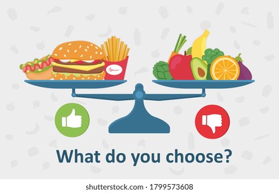 Healthy versus unhealthy food on the balance with fast food hamburger and chips against fresh vegetables and fruit - What Would You Choose - colored vector illustration