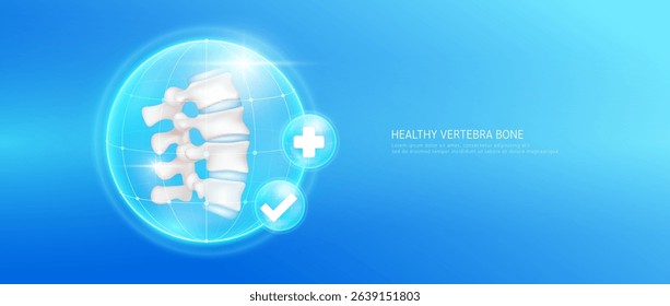 Healthy vertebra within bubble dome transparent with check mark and plus sign on blue background. Strong backbone cartilage joint anatomy. Medical health care concept. 3D Vector EPS10.