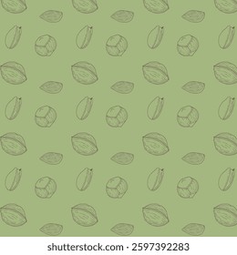 Healthy vibe, nutrition with nuts and seeds, seamless pattern with walnut, hazelnut, pistachio and almond. On green background.