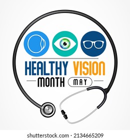 Healthy Vision month is observed every year in May. Taking care of your eyes can be a priority just like eating healthy and physical activity. it can help keep you safe each day. Vector illustration.