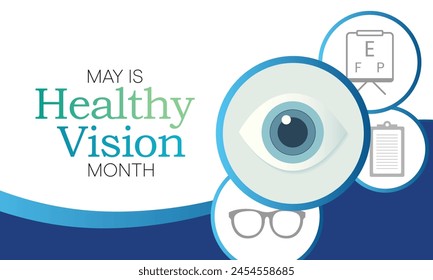 Healthy Vision month is observed every year in May. Taking care of your eyes can be a priority just like eating healthy and physical activity. it can help keep you safe each day. Vector illustration.