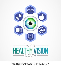 Healthy Vision month is observed every year in May. Taking care of your eyes can be a priority just like eating healthy and physical activity. it can help keep you safe each day. Vector illustration.