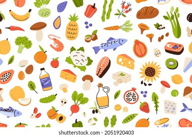 Healthy vitamin food pattern. Seamless background with organic fresh vegetables, fruits and fish. Endless repeating texture with groceries. Colored flat vector illustration for printing and decor