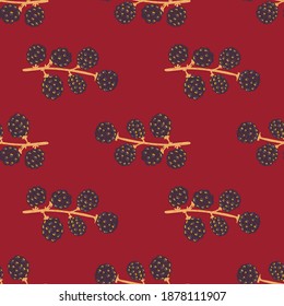 Healthy vitamin seamless pattern with hand drawn blackberry branches. Maroon background. Designed for fabric design, textile print, wrapping, cover. Vector illustration