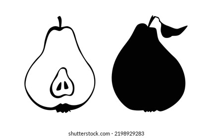 A healthy vitamin vegetarian snack. Fruit for eating or making juice from it. A set of whole and cut pear. Organic natural food. Silhouette of a pear with a leaf. Pear core with seeds.