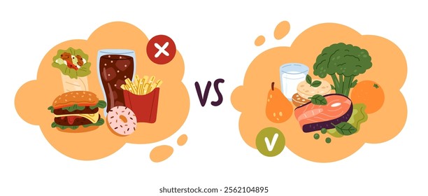 Healthy vs fastfood. Juxtaposition of junk and fresh meal. Nutritional balanced products. Unhealthy cholesterol food. Diet choice. Cola with burger or vegetables. Garish