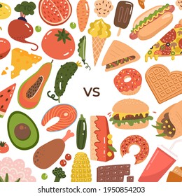 Healthy vs junk food background. Unhealthy lifestyle with soda, hamburger and sugar food. Healthy nutrition includes vegetables and fruits. Flat vector illustration for banner.
