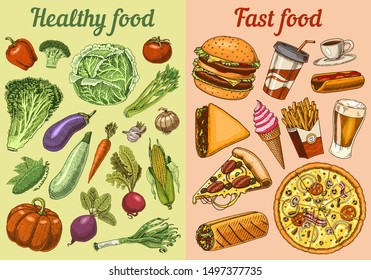 Healthy vs junk food concept. Fruits and Vegetables or fast nutrition. Balanced Diet. Lifestyle concept. Illustration for organic shop or farm market. Hand drawn Ingredients in vintage style.