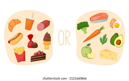 Alimentos saludables versus comida basura. Concepto de elección entre nutrición saludable y equilibrada y alimentos no saludables. Ilustración del vector