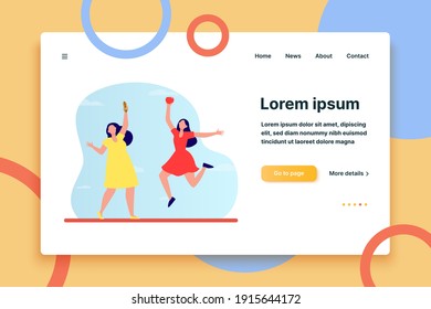 Healthy vs junk food. Fat and slim women holding hot dog and apple flat vector illustration. Healthy eating, unhealthy habit, lifestyle concept for banner, website design or landing web page