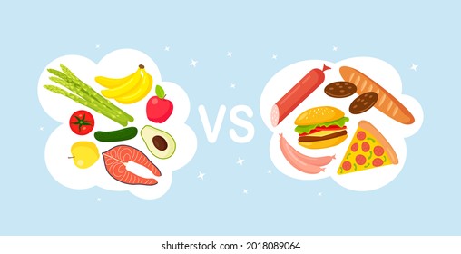 Healthy vs junk food. Unhealthy lifestyle with pizza, hamburger, bread and sugar food. Healthy nutrition includes vegetables, fish and fruits. Vector illustration