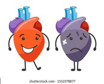 Corazón sano vs enfermo. Órgano sonriente en comparación con triste, ayuda de banda en la cara. El estado de los órganos del cuerpo humano y el concepto de salud. Ilustración vectorial colorida sobre fondo blanco.