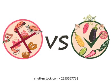Healthy VS unhealthy food, food choice and diet or nutrition plan concept, hand drawn flat vector Illustration on white background. Concept of healthy eating.